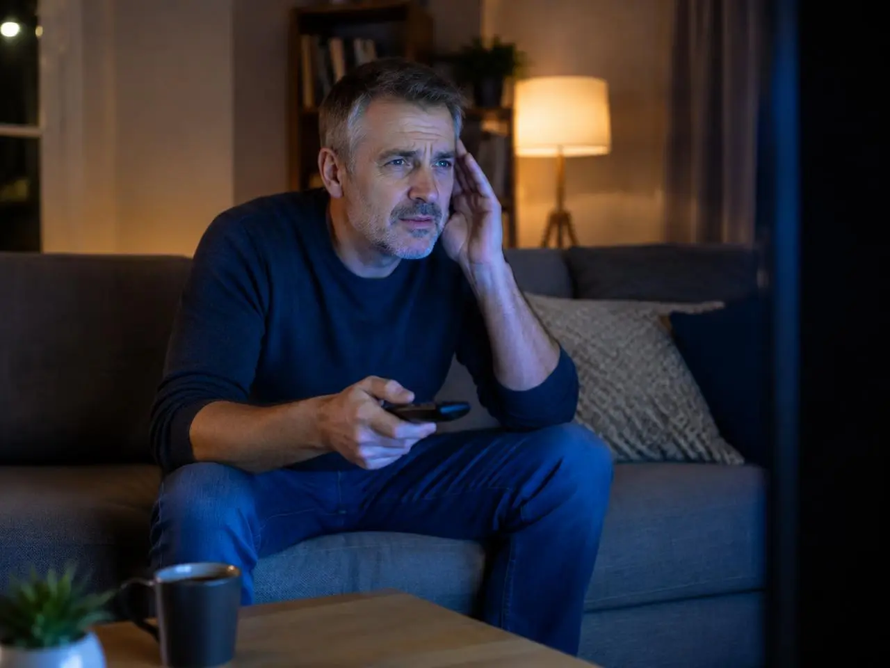 Mann auf dem Sofa beugt sich zum Fernseher und hält die Hand ans Ohr