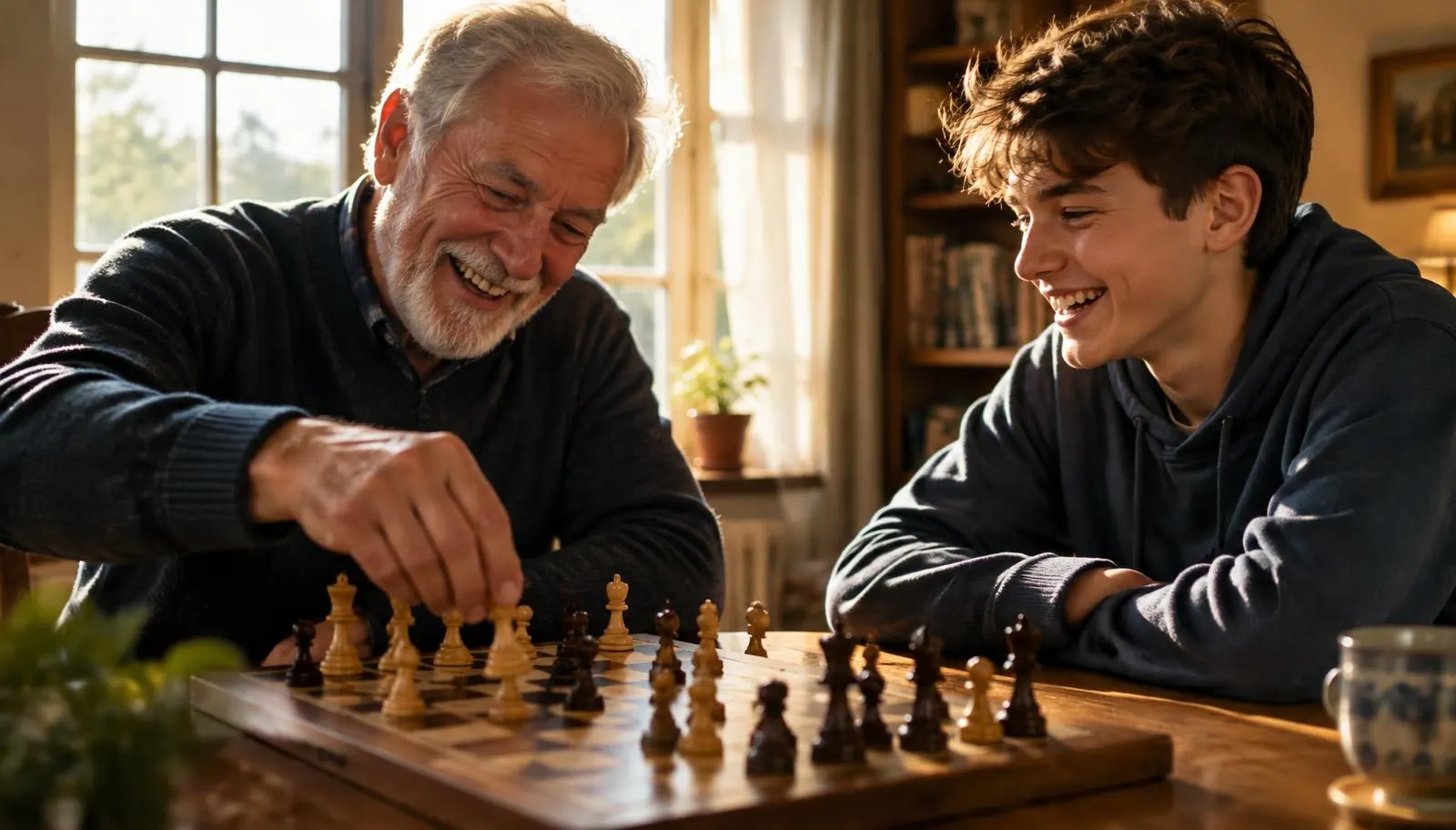 Großvater und Enkel spielen lachend Schach