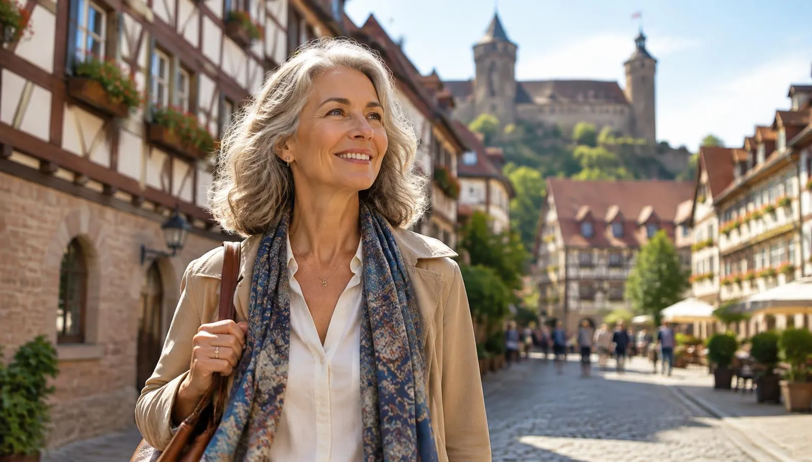 Frau spaziert gut gelaunt durch die Nürnberger Altstadt