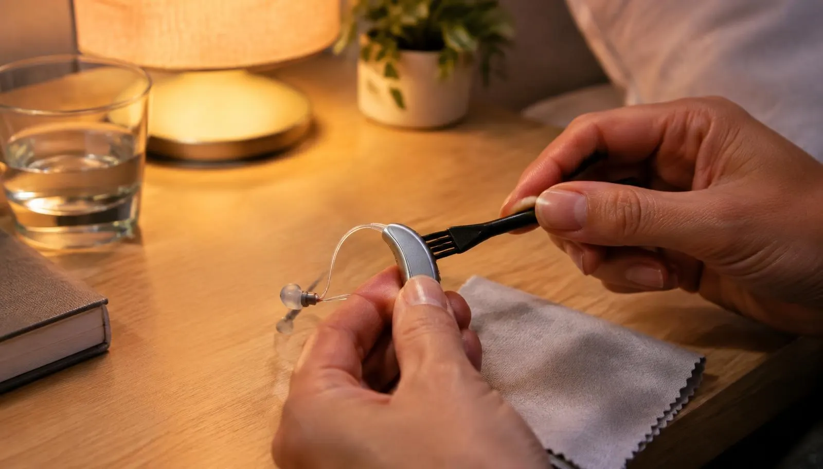 Hände reinigen ein Hörgerät mit einer kleinen Bürste auf dem Nachttisch