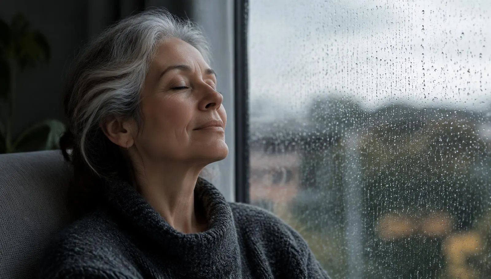 Frau sitzt entspannt mit geschlossenen Augen am regennassen Fenster