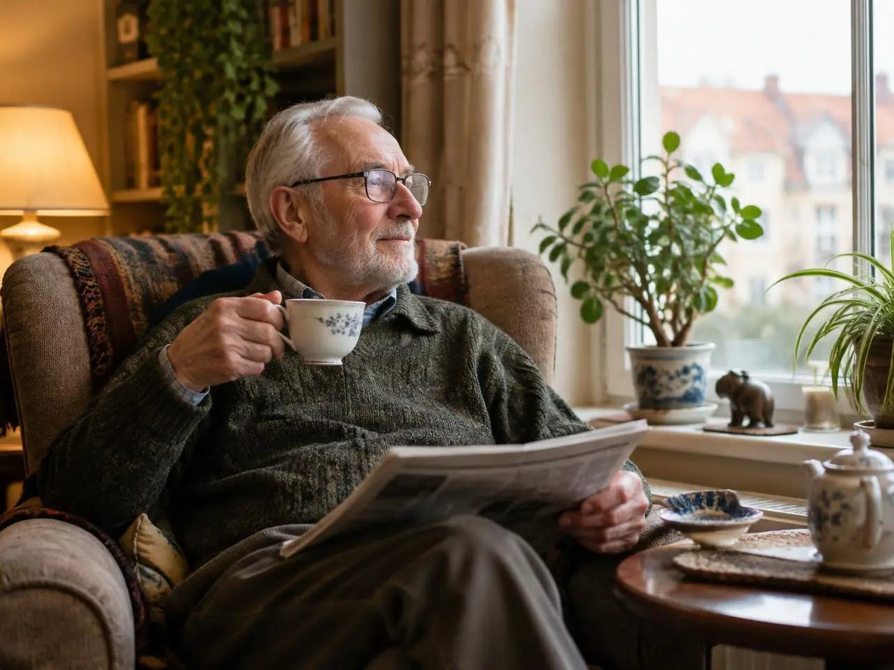 Älterer Herr im Sessel am Fenster mit einer Tasse Tee